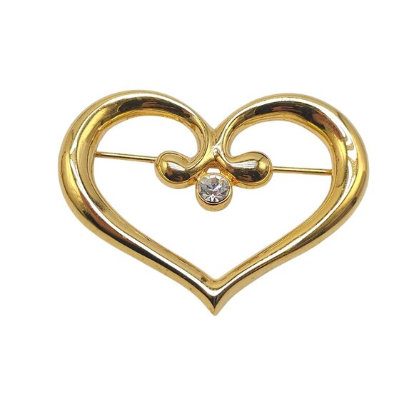 AAI Vintage 1990s Gold Tone Open Heart Brooch Rhinestone Polished Finish Pin - Picture 1 of 5
